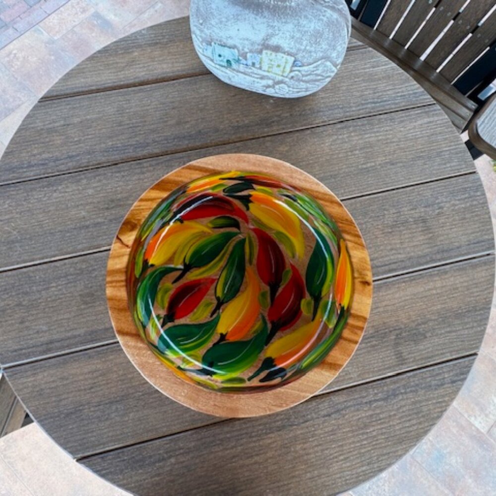 Handcrafted Wood Bowl with Hand Painted Red Yellow and Green Peppers - Picture 4 of 9